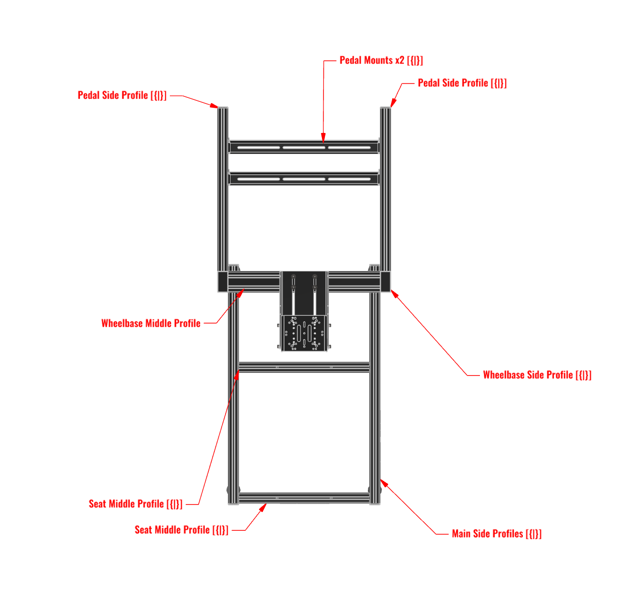 Simforge Apex cockpit top view diagram with labeled aluminum profiles