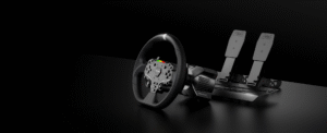 Close-up of MOZA R3 3.9 Nm direct drive wheelbase quick-release and encoder detail