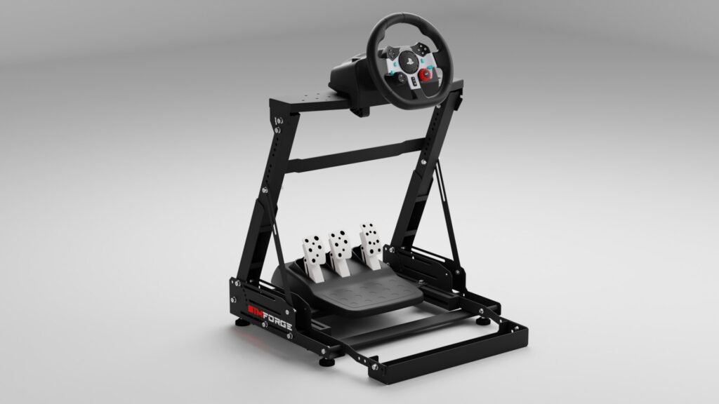 adjustable wheel stand showing vesa monitor mount above wheel plate for cockpit style setup