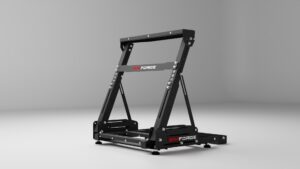 foldable sim racing wheel stand folded for compact storage and quick carry