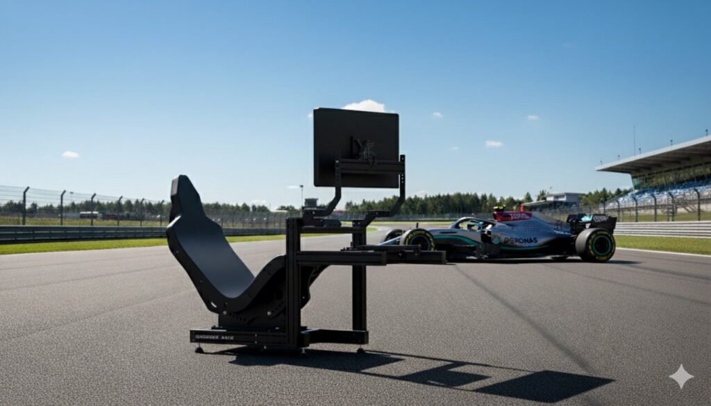 Simforge Apex Sim Racing Cockpit on F1 racetrack with seat and monitor mount – 4080 aluminium profile rig for direct drive wheels