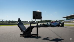 Simforge Apex Sim Racing Cockpit on F1 racetrack with seat and monitor mount – 4080 aluminium profile rig for direct drive wheels