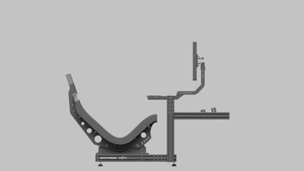 Simforge Apex Sim Racing Cockpit side view – F1 seating angle with height-adjustable wheelbase and pedal mount