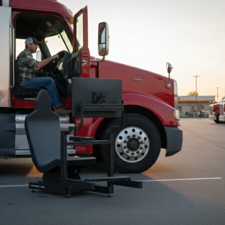 Simforge Apex Sim Racing Cockpit in truck simulator seating position – 4080 aluminium profile rig with seat and monitor mount