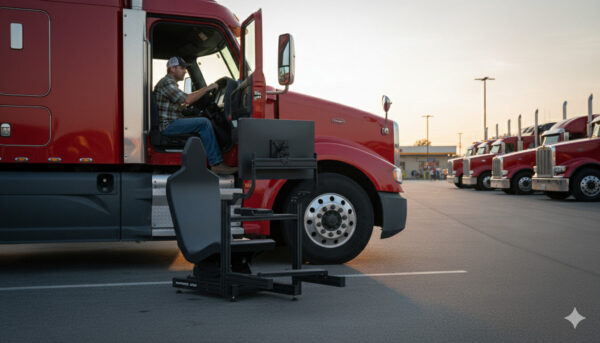Simforge Apex Sim Racing Cockpit in truck simulator seating position – 4080 aluminium profile rig with seat and monitor mount