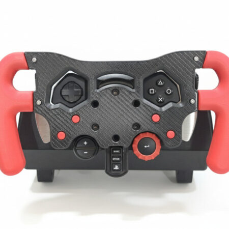 F1 wheel mod for the Logitech G29, featuring a 3D-printed body with a carbon fiber vinyl wrap and matte red grips, designed for F1 simulator racing in India