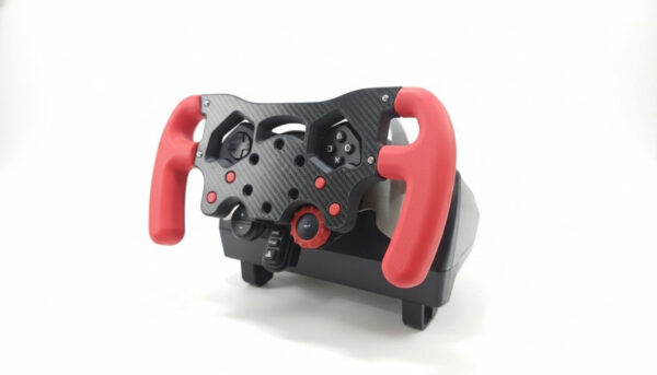 A close-up of the matte red PLA grips and carbon fiber vinyl wrap on an F1 wheel mod designed for the Logitech G29, enhancing control in F1 simulators