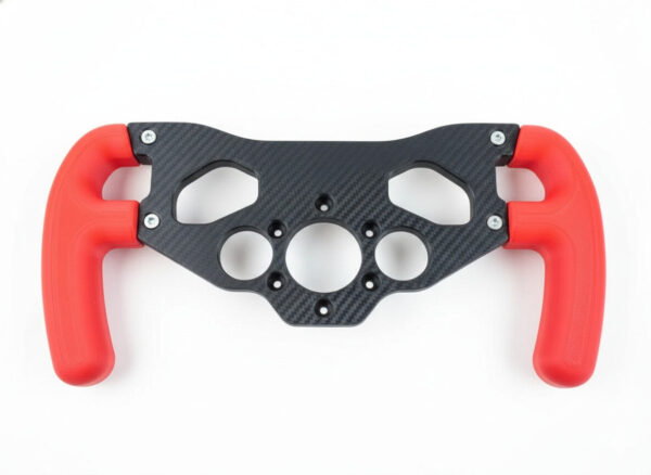 Thrustmaster T300 F1 wheel addon with a carbon fiber faceplate and ergonomic red PLA grips, shown ready for installation on an F1 simulator wheelbase.