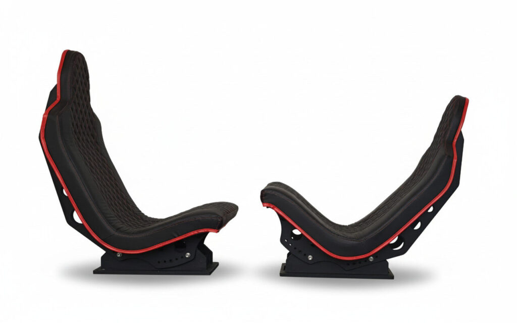 Side-by-side view of two Simfore Apex Sim Racing ergonomic seats showing different recline positions for truck driving versus Formula 1 seating on a white background