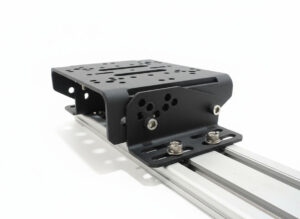 Side view of the Simforge Universal Wheelbase Mount showing its +/- 20° tilt adjustment, ensuring perfect ergonomics for both GT and Formula style sim racing rigs.