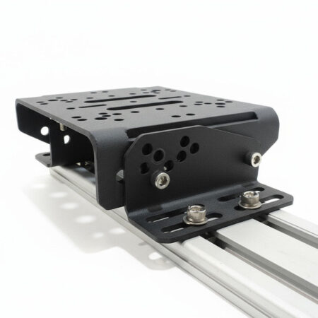Side view of the Simforge Universal Wheelbase Mount showing its +/- 20° tilt adjustment, ensuring perfect ergonomics for both GT and Formula style sim racing rigs.