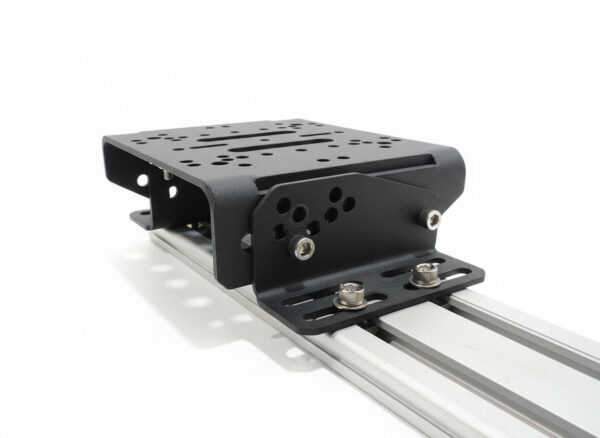 Side view of the Simforge Universal Wheelbase Mount showing its +/- 20° tilt adjustment, ensuring perfect ergonomics for both GT and Formula style sim racing rigs.