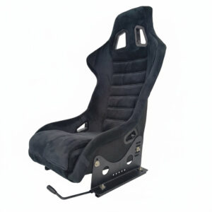 Front view of a durable and lightweight fiberglass sim racing seat, showing the high-grip suede finish and side mounting points for simulator rigs.