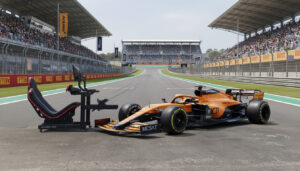 Universal height‑adjustable wheelbase mount centered on Apex cockpit for F1 simulator use