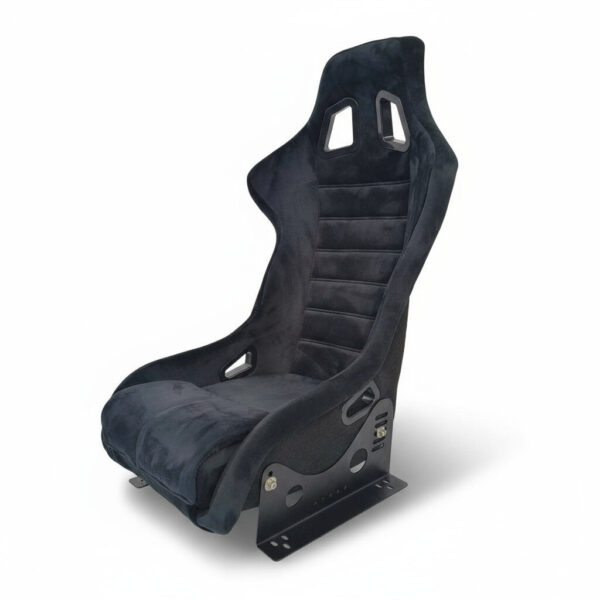 A black fiberglass bucket seat designed for sim racing cockpits and simulator rigs, providing an immersive and comfortable driving experience.