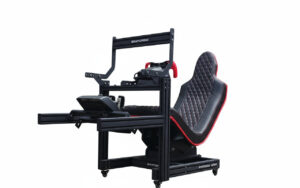 Formula 1 simulator driving position with raised pedals and compact rim