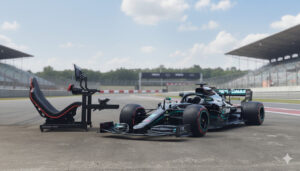 Simforge Apex Sim Racing Cockpit featuring the 2019 Mercedes W11 Formula 1 car — realistic F1 simulator setup for professional sim racing enthusiasts.