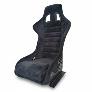 A fixed-back fiberglass racing seat with black suede upholstery, ideal for upgrading any sim racing rig for enhanced realism.