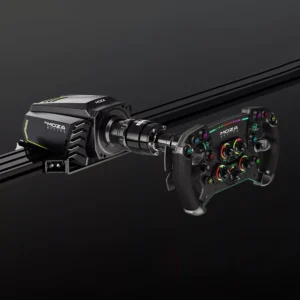 Close up of Moza extension rod mounting for sim wheelbases.