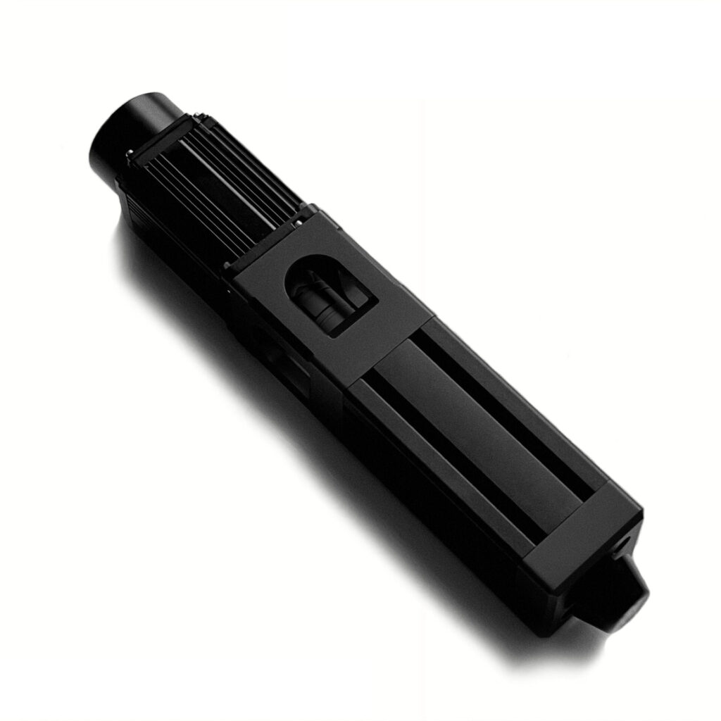 Close-up of a 100mm travel linear motion actuator featuring an anodized aluminum body and uni-body motor mount.